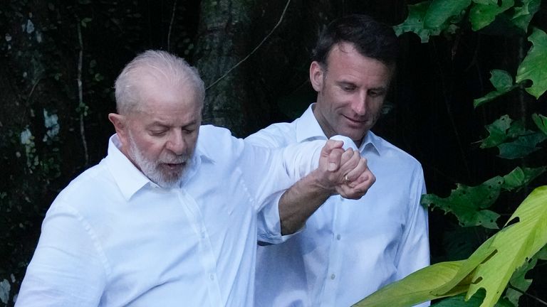 Lula da Silva leads Emmanuel Macron along an island path. Pic: AP