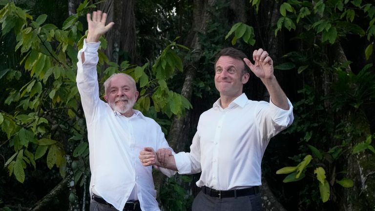 Luiz Inacio Lula da Silva and Emmanuel Macron on Combu Island. Pic: AP