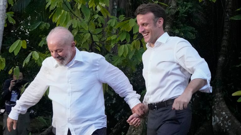 Luiz Inacio Lula da Silva and Emmanuel Macron on Combu Island in Brazil. Pic: AP
