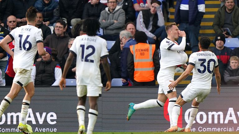 Luton Town's Cauley Woodrow (second from right) celebrates his team's first goal of the game during a Premier League match at Selhurst Park, London. Image date: Saturday, March 9, 2024.
