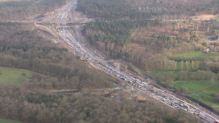 Aerial photos show the M25 road closed on Friday and into the weekend.