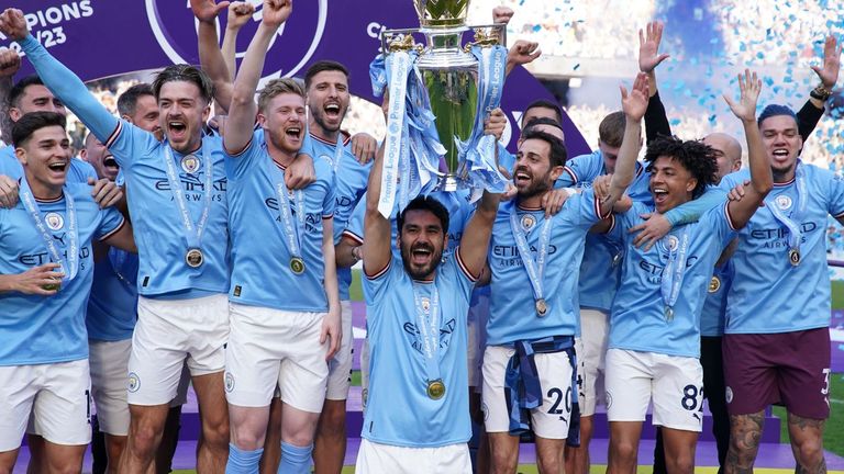 File photo dated 21-05-2023 of Manchester City&#39;s Ilkay Gundogan lifting the Premier League trophy. City are bidding to add two more pieces of silverware to the Premier League trophy they have already won. Issue date: Wednesday May 31, 2023.

