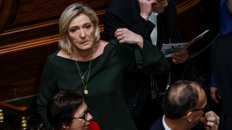 French far-right National Rally party leader Marine Le Pen arrives at the Congress of both Houses of Parliament at the Palace of Versailles in Versailles, west of Paris, Monday, March 4, 2024. French lawmakers gather at the Palace of Versailles for a historic vote that will make abortion a constitutional right. (AP Photo/Thomas Padilla)