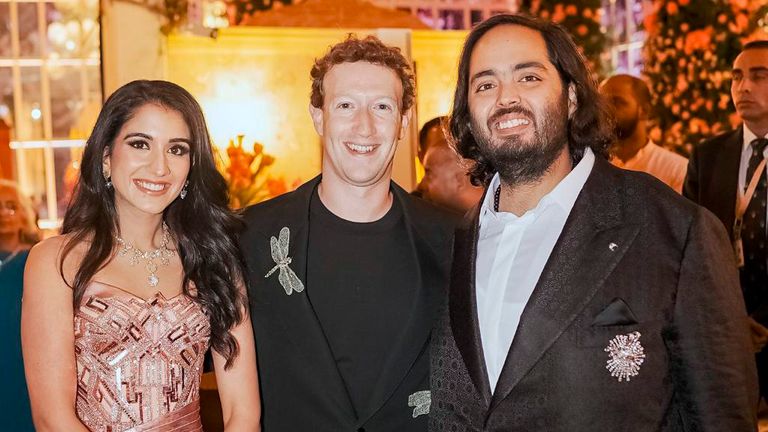 Mark Zuckerberg, center, posing for a photograph with   billionaire industrialist Mukesh Ambani's son Anant Ambani, right, and Radhika Merchant.
Pic: Reliance /AP