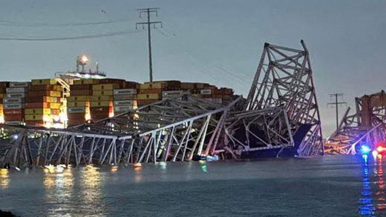 The Singapore-flagged container ship &#39;Dali&#39; after it collided with a pillar of the Francis Scott Key Bridge in Baltimore, Maryland.
Pic:  Harford County MD Fire & EMS/Reuters