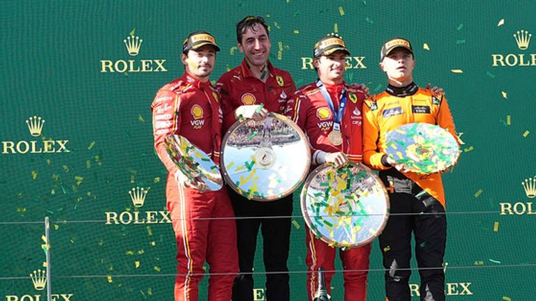 24 March 2024, Australia, Melbourne: Motorsport: Formula 1 World Championship, Australian Grand Prix, race podium in Melbourne, 2nd place for Charles Leclerc from Monaco from Team Scuderia Ferrari (L), Ferrari engineer Matteo Toninelli (2nd from left), winner Carlos Sainz from Spain from Team Scuderia Ferrari (3rd from left), 3rd place for Lando Norris from Great Britain from Team McLaren (R). Photo by: Hasan Bratic/picture-alliance/dpa/AP Images


