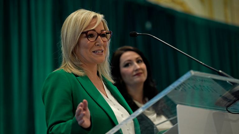 Northern Ireland First Minister Michelle O&#39;Neill (left) speaks as Deputy First Minister Emma Little-Pengelly looks on at the Northern Ireland Bureau breakfast at the Waldorf Astoria Hotel, in Washington DC, during their visit to the US for St Patrick&#39;s Day. Picture date: Thursday March 14, 2024.

