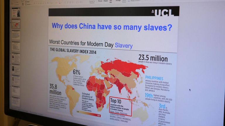 View of Michelle Shipworth's speech on modern slavery, which says "Why are there so many slaves in China?"