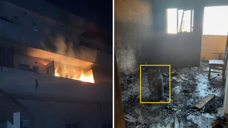 Picture taken after attack shows north facing room on fire (left) and aftermath image shows gas canister found in same room (right). Pics: MSF