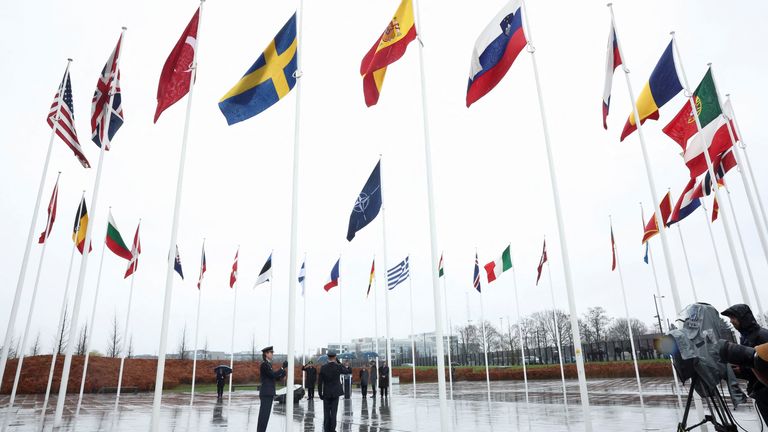 A Swedish flag is raised during a flag-raising ceremony at NATO headquarters following the accession of Sweden to the alliance, in Brussels, Belgium March 11, 2024. REUTERS/Yves Herman