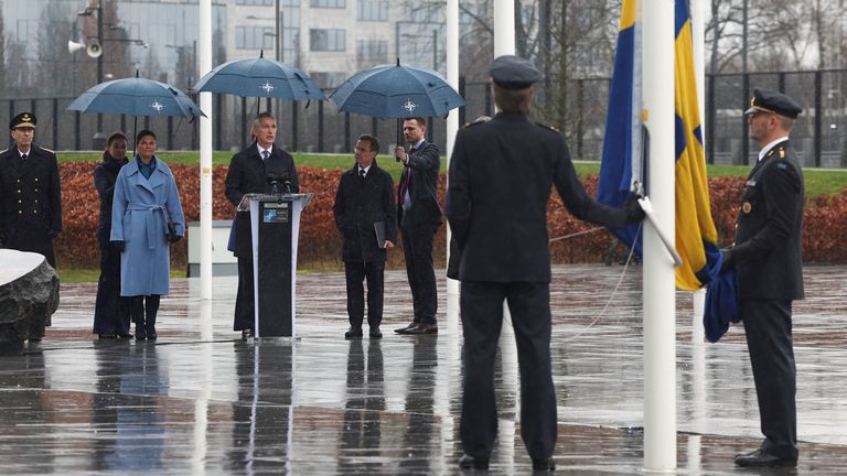 Swedish Prime Minister Ulf Kristersson, NATO Secretary General Jens Stoltenberg and Sweden&#39;s Crown Princess Victoria attend a flag-raising ceremony at NATO headquarters following the accession of Sweden to the alliance, in Brussels, Belgium March 11, 2024. REUTERS/Yves Herman