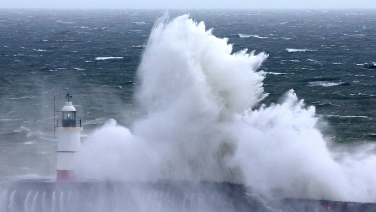 Large waves crash over the harbour wall as Storm Nelson arrives at Newhaven.
Pic: PA