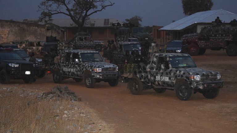 Nigeria army trucks are park in an area were gunmen kidnapped school children in Chikun, Nigeria, Thursday, March 7, 2024. Gunmen attacked a school in Nigeria&#39;s northwest region Thursday morning and abducted at least 287 students, the headteacher told authorities, marking the second mass abduction in the West African nation in less than a week. (AP Photo)