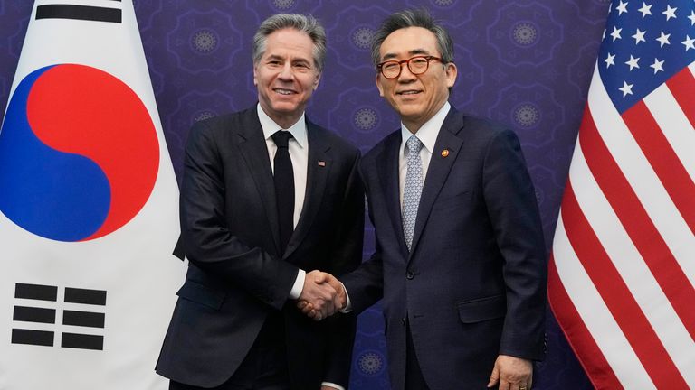US Secretary of State Antony Blinken, left, and South Korean Foreign Minister Cho Tae-yul. Pic: AP