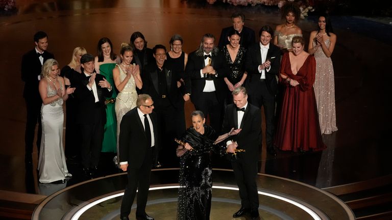 The Oppenheimer cast and crew accepting the best film award. Pic: AP Photo/Chris Pizzello