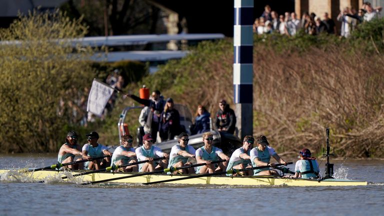 The Cambridge Men's team cross the finish line to win the 169th Men's Gemini Boat Race 2024 on the River Thames, London. Picture date: Saturday March 30, 2024.

