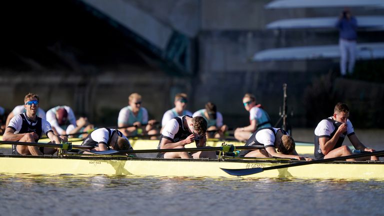 The Oxford Men's team appeared dejected after losing the 169th men's boat race. Pic: PA