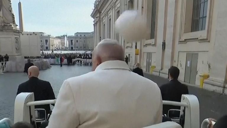 Watch moment Pope's hat flies off while arriving at weekly audience ...