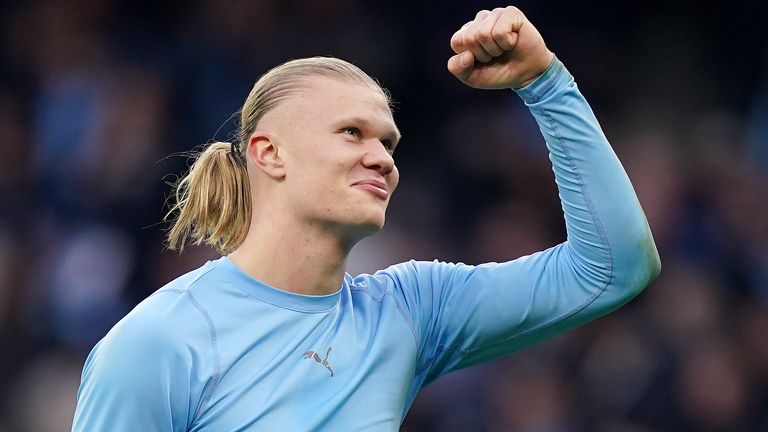 Manchester City&#39;s Erling Haaland celebrates following the Premier League match at the Etihad Stadium, Manchester. Picture date: Sunday March 3, 2024.

