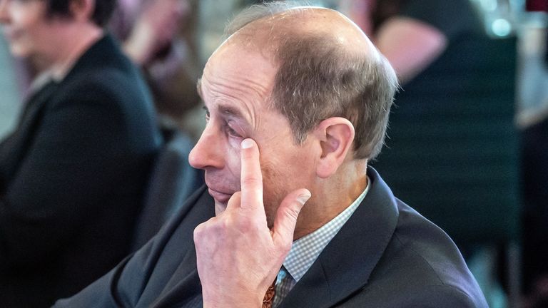 Prince Edward wipes tears from his eyes as Sophie, Duchess of Edinburgh, makes a heartfelt speech in Leeds, 8 March 2024. Pic: PA