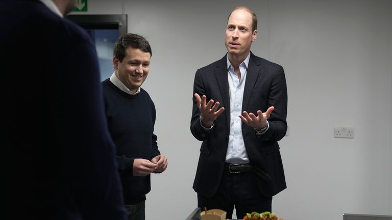 Prince William, right, speaks to Pierre-Yves Paslier as he looks at sustainable seaweed-based food containers at the Oval cricket ground made by the Earthshot 2022 winner Notpla in London, Friday, March 8, 2024. Pic: AP Photo/Kin Cheung