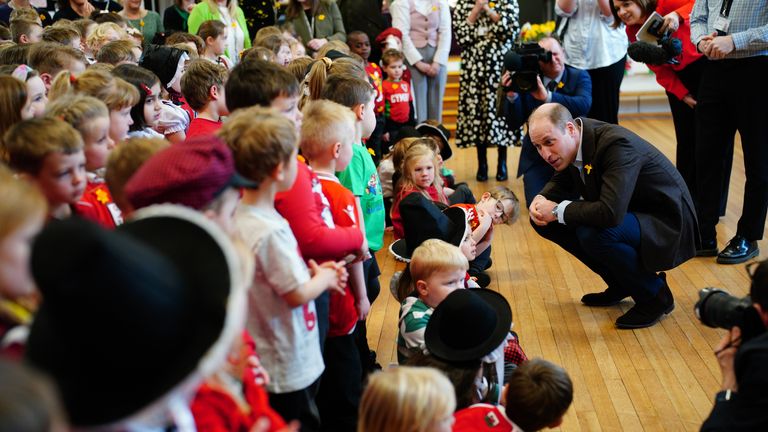 The Prince of Wales meeting pupils at Ysgol Yr Holl Saint/All Saint&#39;s School in Wrexham Pic: Ben Birchall / PA 
