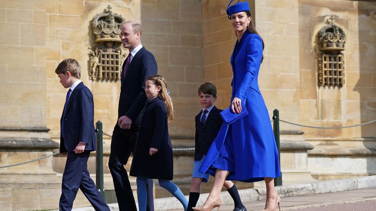The Prince and Princess of Wales with Prince George, Princess Charlotte and Prince Louis attending the Easter Mattins Service at St George&#39;s Chapel at Windsor Castle in Berkshire, Britain April 9, 2023. Yui Mok/Pool via REUTERS