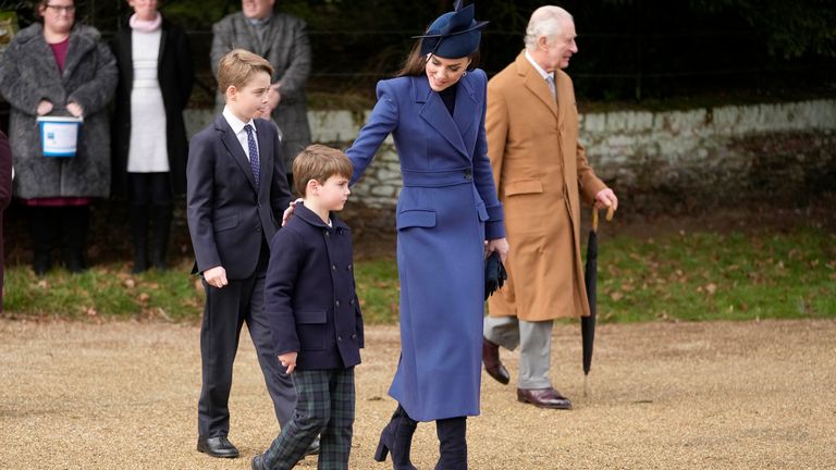 King Charles III, Kate, the Princess of Wales, from right, Prince Louis, and Prince George at the Christmas day service at St Mary Magdalene Church in Sandringham in Norfolk, England, Monday, Dec. 25, 2023. Pic: AP Photo/Kin Cheung