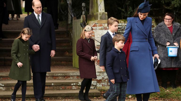 Britain&#39;s William, Prince of Wales, Catherine, Princess of Wales, Prince George, Prince Louis, Princess Charlotte and Mia Tindall attend the Royal Family&#39;s Christmas Day service at St. Mary Magdalene&#39;s church, as the Royals take residence at the Sandringham estate in eastern England, Britain December 25, 2023. REUTERS/Chris Radburn