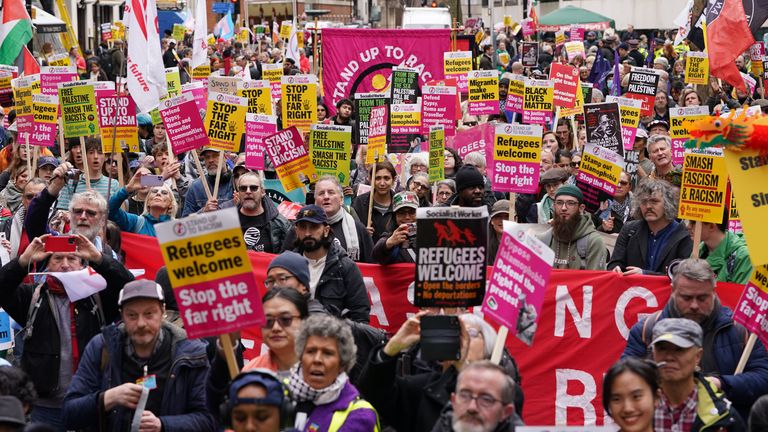 People take part in an anti-racism march in central London orgainised by Stand Up To Racism and trade unions. Picture date: Saturday March 16, 2024.