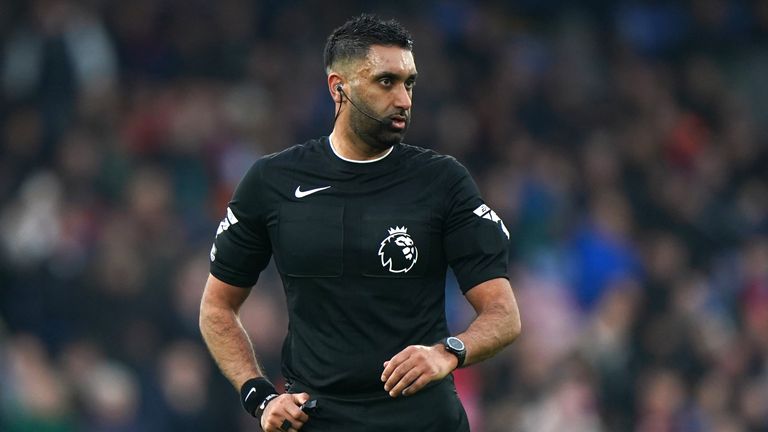 Referee Sonny Gill during a Premier League match at Selhurst Park in London. Image date: Saturday, March 9, 2024.  PA photo. See PA Story Football Palace.Photo credit should read: Bradley Collyer/PA Wire... Restrictions: For editorial use only and may not be used in conjunction with unauthorized audio, video, data, fixtures, club/league logos or other uses "live" Serve. Use in online competitions is limited to 120 images, no video simulations. Not valid for betting, games or single club/league/player publications.