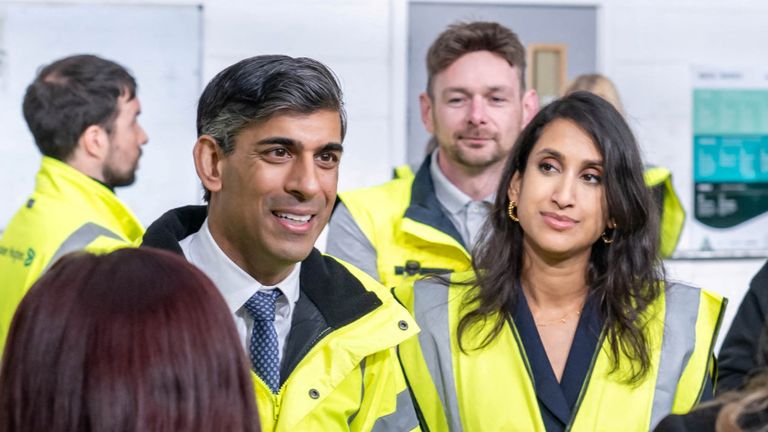 British Prime Minister Rishi Sunak, Secretary of State for Scotland, Alister Jack, and Secretary of State for Energy Security and Net Zero, Claire Coutinho, during a visit to Baker Hughes in Montrose, Angus, Britain?Picture date: Friday March 1, 2024. Michal Wachucik/Pool via REUTERS