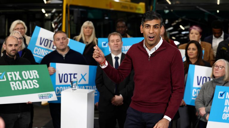 Rishi Sunak during a local elections campaign launch at a bus depot in Heanor, Derbyshire.
Pic: PA