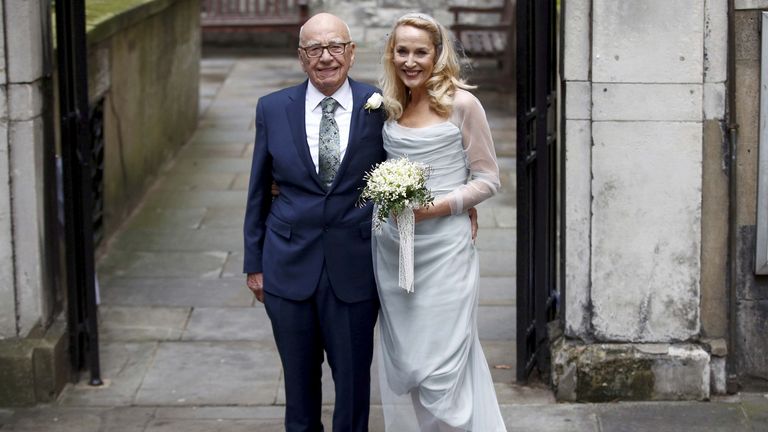 Rupert Murdoch and Jerry Hall at their London wedding on 5 March 2016. Pic: Reuters/Peter Nicholls