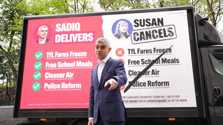 Mayor of London Sadiq Khan at the launch of his poster campaign.
Pic: PA

