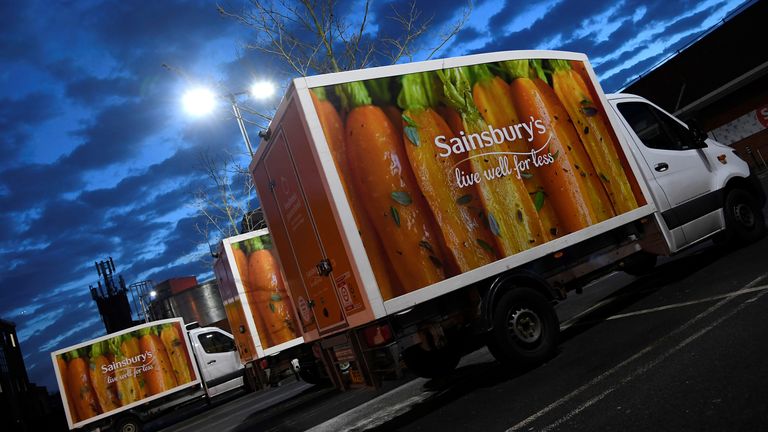 Signage for Sainsbury's is seen on delivery vans at a branch of the supermarket in London, Britain, January 8, 2020. REUTERS/Toby Melville