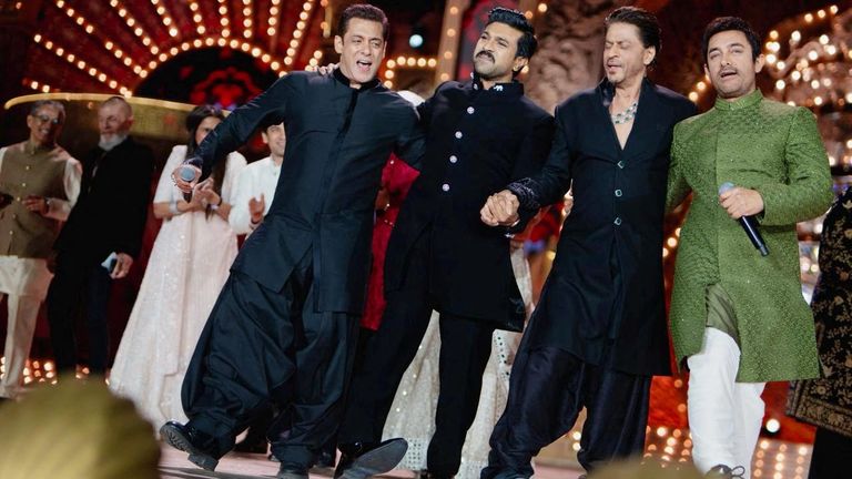 Salman Khan, Ram Charan, Shah Rukh Khan and Aamir Khan perform during the pre-wedding celebrations.
Pic: Reliance/Reuters