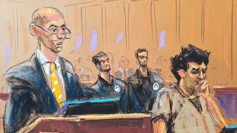 Defense attorneys Marc Mukasey speaks next to FTX founder Sam Bankman-Fried during the sentencing hearing at Federal Court in New York City, U.S., March 28, 2024 in this courtroom sketch. REUTERS/Jane Rosenberg