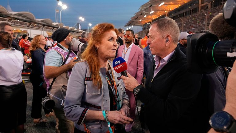 Duchess of York, Sarah Ferguson, speaks to F1 commentator Martin Brundle before the Bahrain Grand Prix. Pic: AP