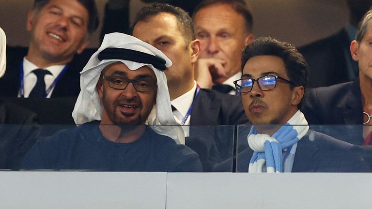 Soccer Football - Champions League Final - Manchester City v Inter Milan - Ataturk Olympic Stadium, Istanbul, Turkey - June 10, 2023 United Arab Emirates Mohammed bin Zayed Al Nahyan and Manchester City owner Sheikh Mansour bin Zayed Al Nahyan before the match REUTERS/Molly Darlington
