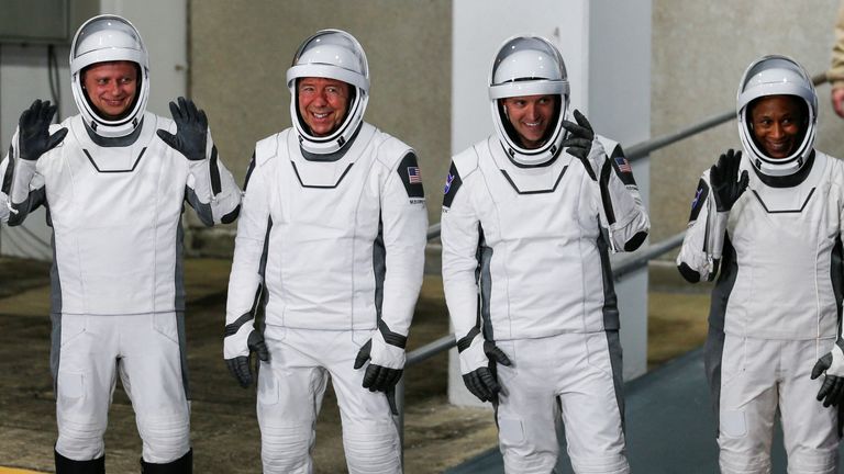 Russian cosmonaut Alexander Grebenkin and NASA astronauts Michael Barratt, Matthew Dominick and Jeanette Epps (L-R). Pic: Reuters