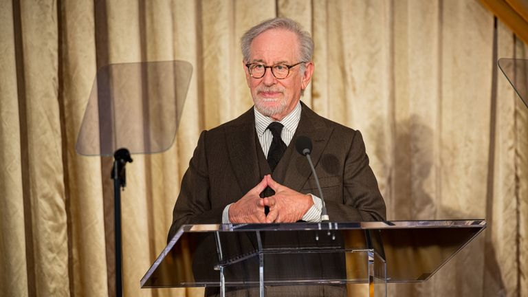 Pic: USC/Sean Dube/PA
Undated handout photo issued by the University of Southern California of Steven Spielberg speaking during a ceremony which honoured the USC Shoah Foundation, receiving the University of Southern California (USC) Medallion