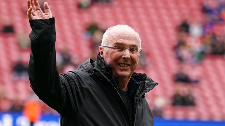 Sven-Göran Eriksson waves to the spectators at the Liverpool Legends game. Image: PA