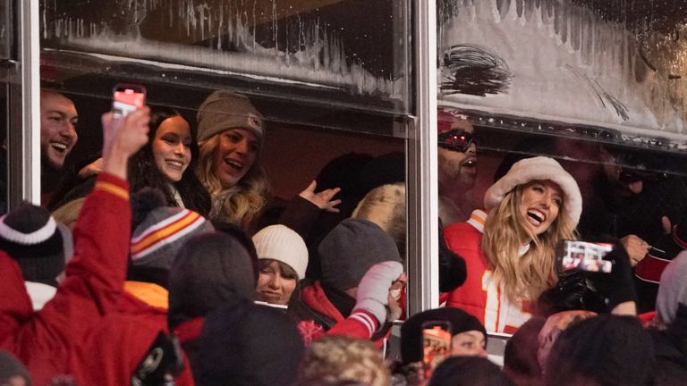 Jan 13, 2024; Kansas City, Missouri, USA; Recording artist Taylor Swift and Brittany Mahomes watch game action between the Kansas City Chiefs and Miami Dolphins during the second half of the 2024 AFC wild card game at GEHA Field at Arrowhead Stadium. Mandatory Credit: Denny Medley-USA TODAY Sports
