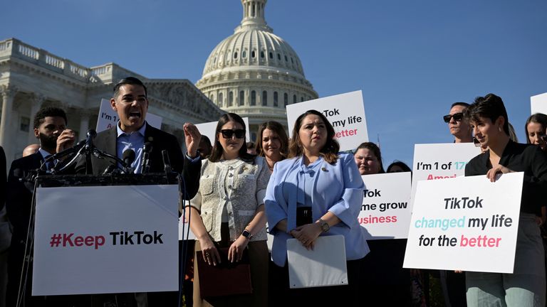 Politicians and TikTok creators speak out against the proposed bill on Capitol Hill in Washington DC. Pic: Reuters 