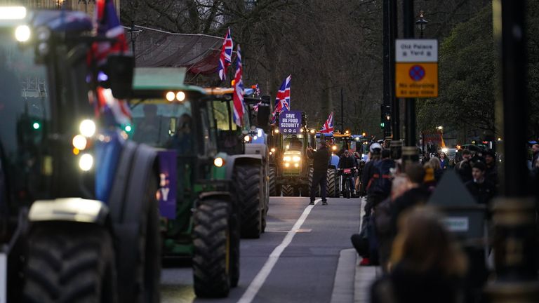 Over 120 tractors gathered in Parliament Square on Monday night. Pic: PA