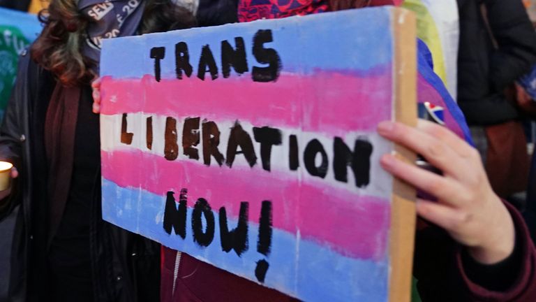 Trans rights activists take part in a demonstration outside Portobello Library in Edinburgh, where parents are attending a meeting organized by Speak Out About Gender Identity Ideology to discuss trans ideology in Scottish schools. Image date: Tuesday, March 14, 2023. Image: PA