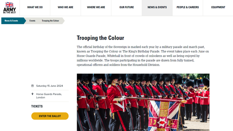 The website page about Trooping the Colour on Tuesday evening. Pic: Ministry of Defence
