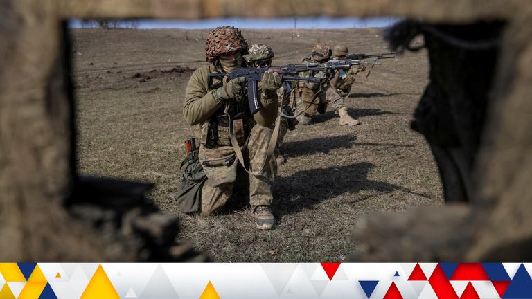 Ukrainian servicemen of 79th brigade take part in training in Donetsk region. Pic: Reuters