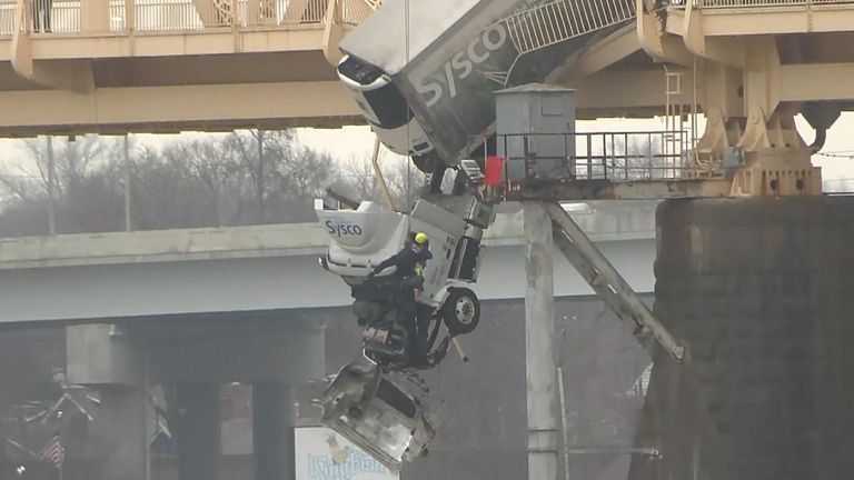 Firefighters Rescue Woman Trapped In Crashed Truck Hanging Off Side Of A Bridge Us News Sky News 5632